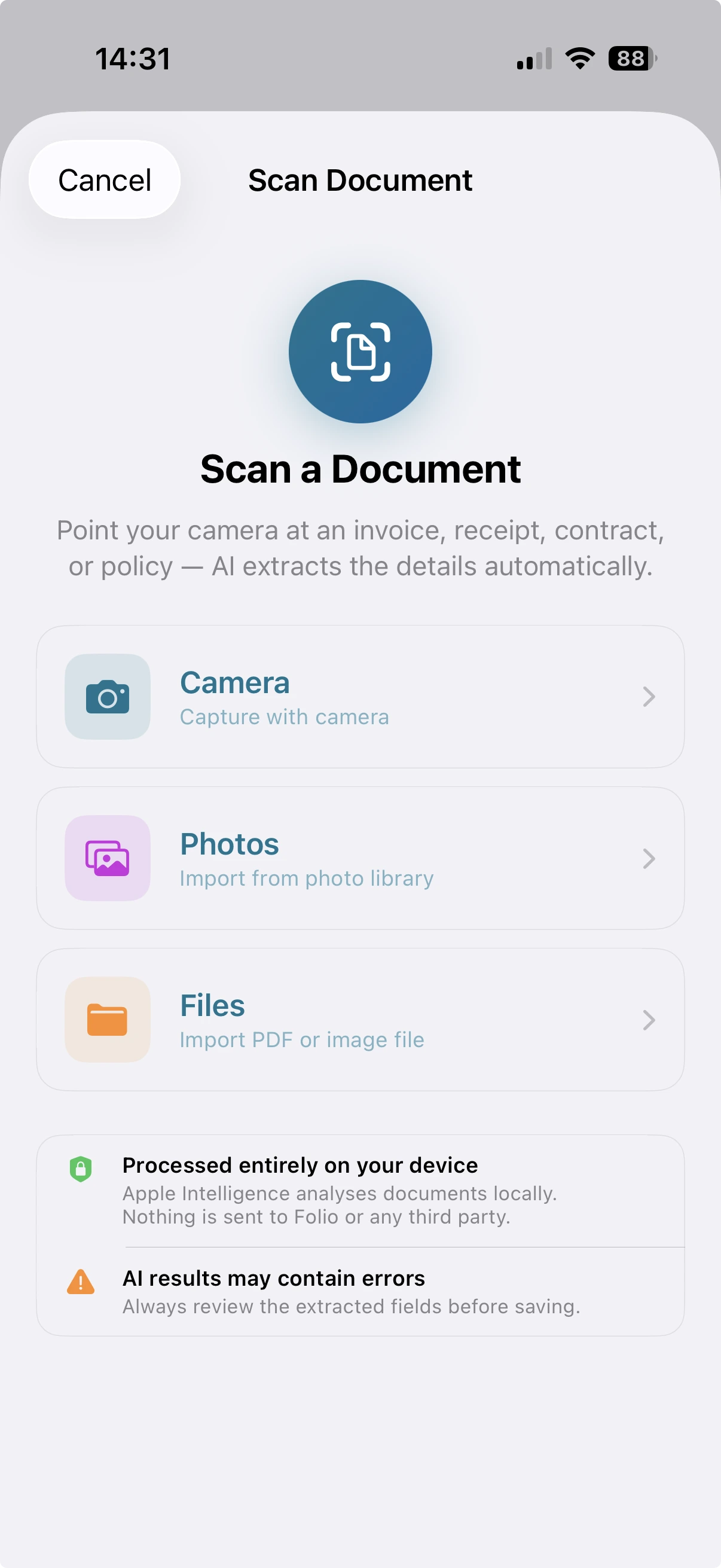 Folio scanning a paper invoice and extracting billing details