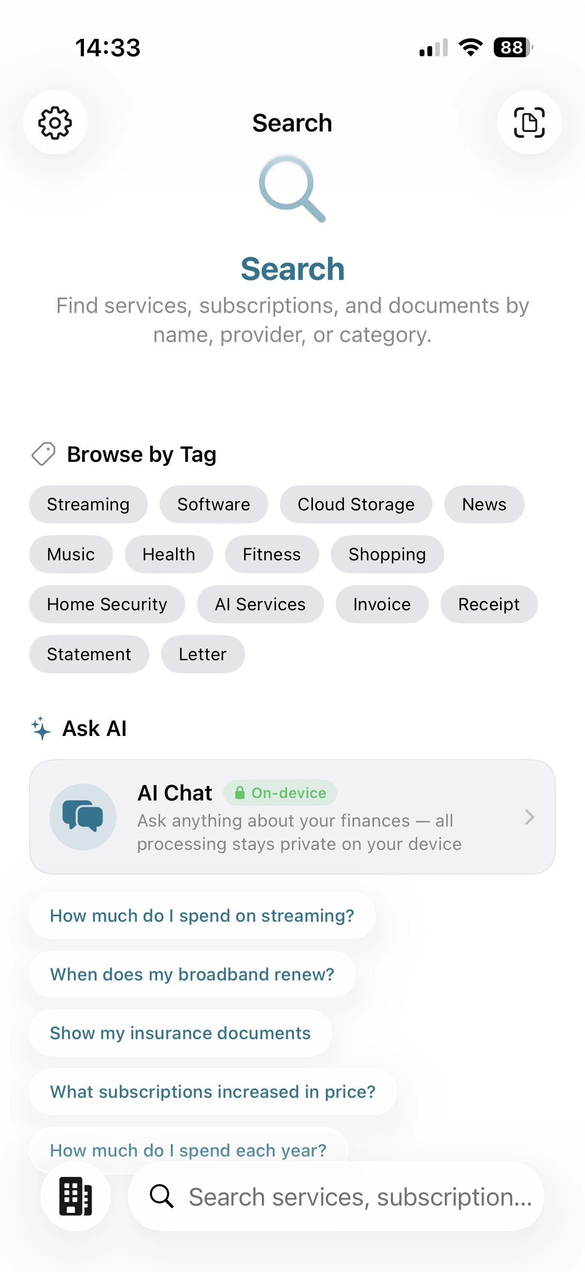 Folio natural language search showing spending query results